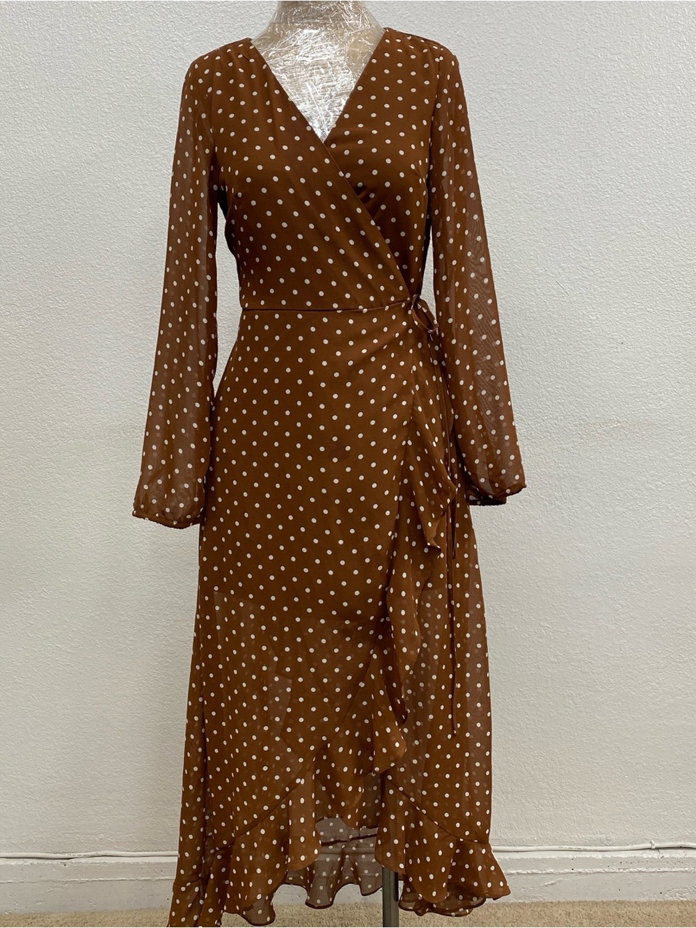 Listicle Brown Polka Dot Wrap Midi Dress